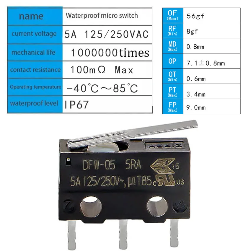 DFW-05S IP67 Waterproof Micro Switch High Travel Limit Detection Switch Long Button Microswitch For EV Charging Gun