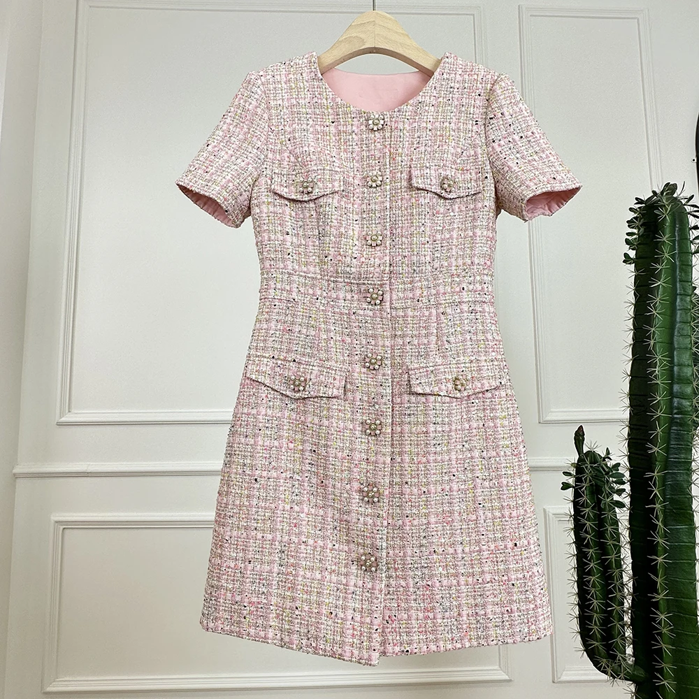 

High Quality Pink Tweed Weave Round Collar A Line Dress New French Autumn Winter Pearl Single Breasted Woolen Party Vestidos