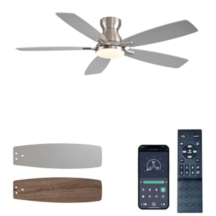 

Bedroom indoor/outdoor ceiling fan with light, nickel finish, low profile flush mount design, 52-inch DC motor, noiseless opera
