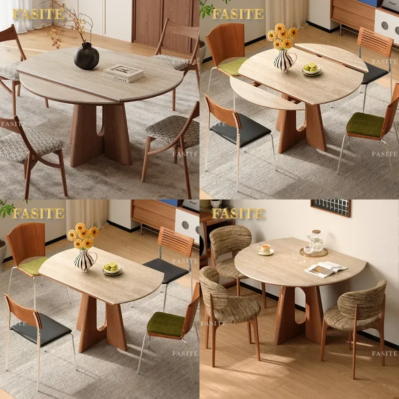 For Small Apartment Solid Wood Retractable Dining Table Folding Travertine Rock Slab Variable Round Table Space Saving