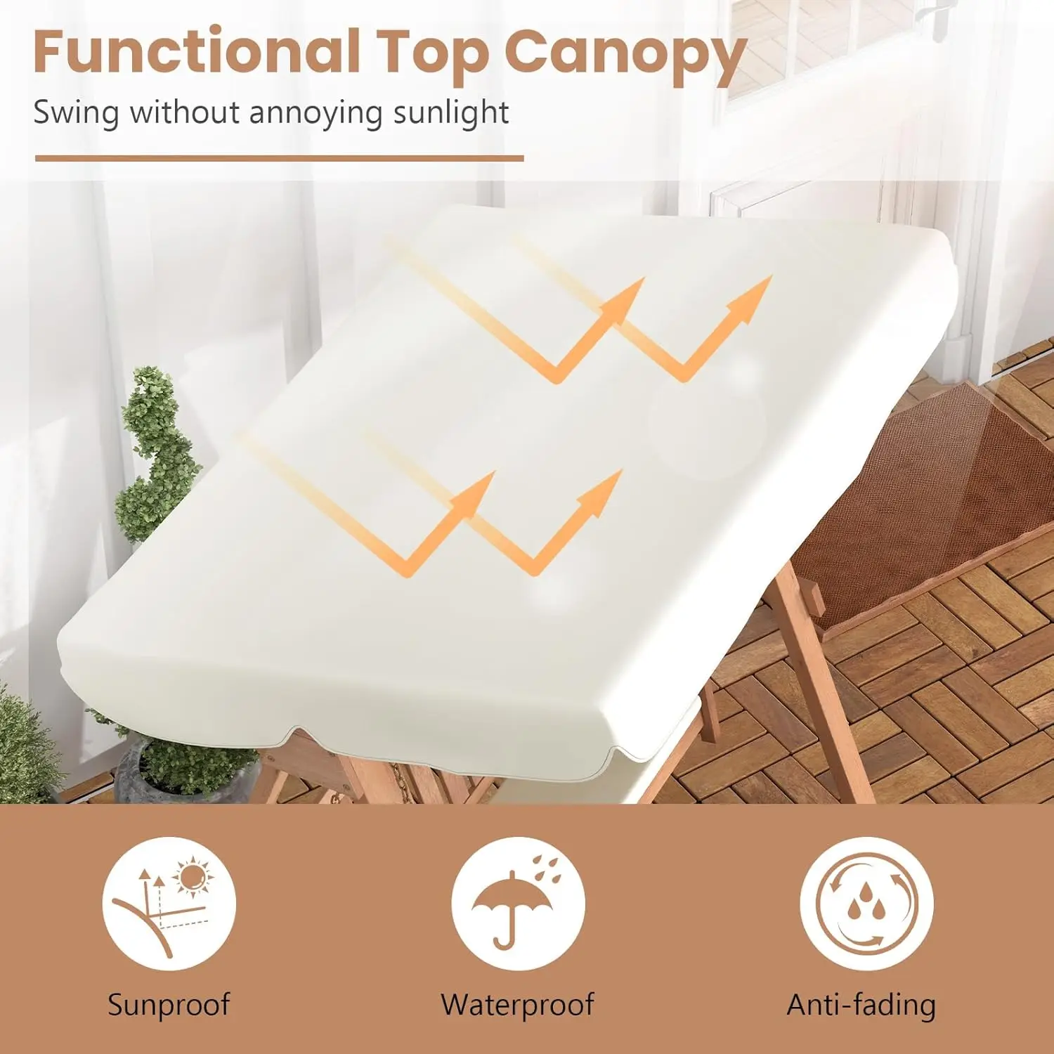 Tangkula 2 Person Porch Swing with Canopy, Wooden Patio Swing with Removable Cushion, Sturdy Metal Hanging Chains, Outdoor