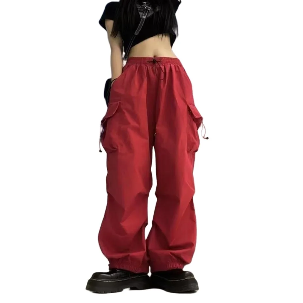 

Elasticated Waist Women Drawstring Pants Multi-pockets Long Trousers Baggy Cargo Pants Black Red Hip Hop Wide Leg Pants Yoga