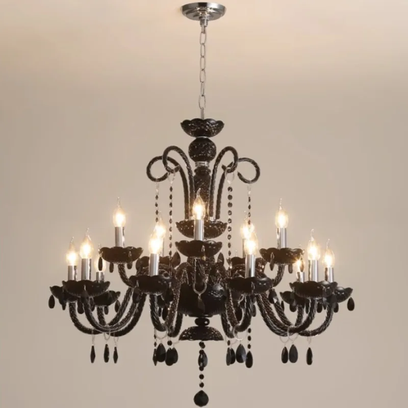 French style living room pendant light, vintage crystal light, black vintage main light, high-end master bedroom light