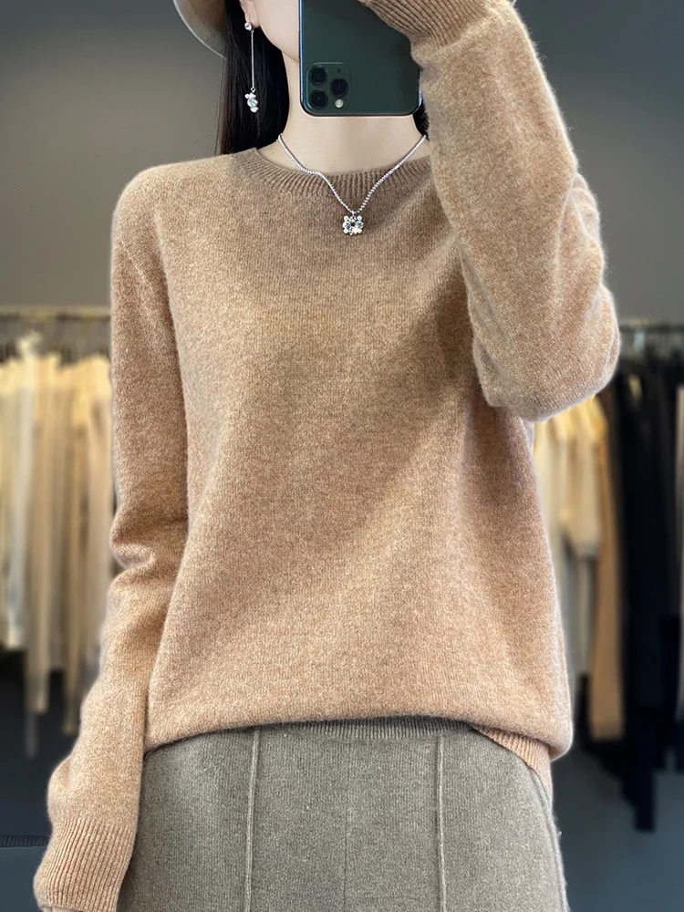 Casual feminino outono inverno pulôver camisola sólida quente macio o-pescoço 100% lã merino conforto de malha roupas básicas topos