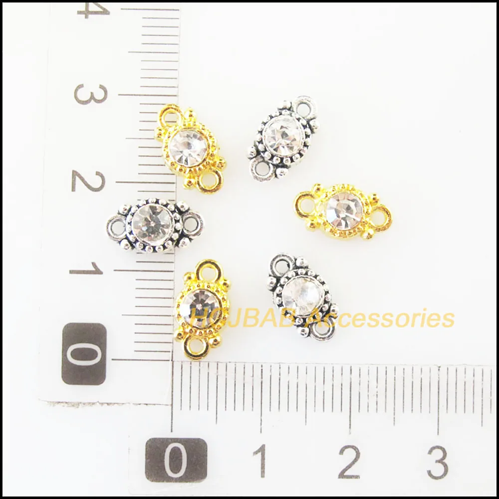 Fashion 30Pcs Retro Gold Color Tibetan Silver Plated Round Flower Clear Crystal Charms Connectors 6.5x11.5mm HCJBAB