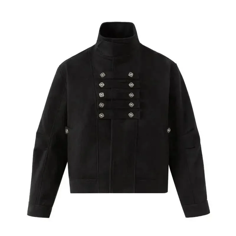 Stand Collar Double Row Metal Button Men's Jacket Vintage Workwear Design Casual Outer Coat Autumn Street Daily CSX45