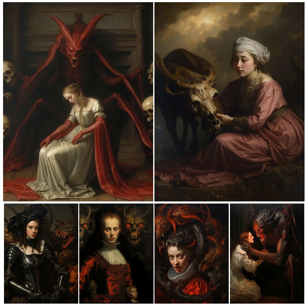 

Victorian Devil And Woman Abstract Wall Art Canvas Painting Demon Servant Gothic Dark Academia Art Poster Print Home Decoration