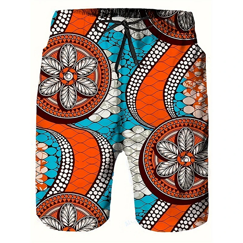 2024 Vintage Tribal Ethnic Print Shorts Large Size Loose Men's Drawstring Short Men's Beach Pants Pockets Vacation Swim Trunks