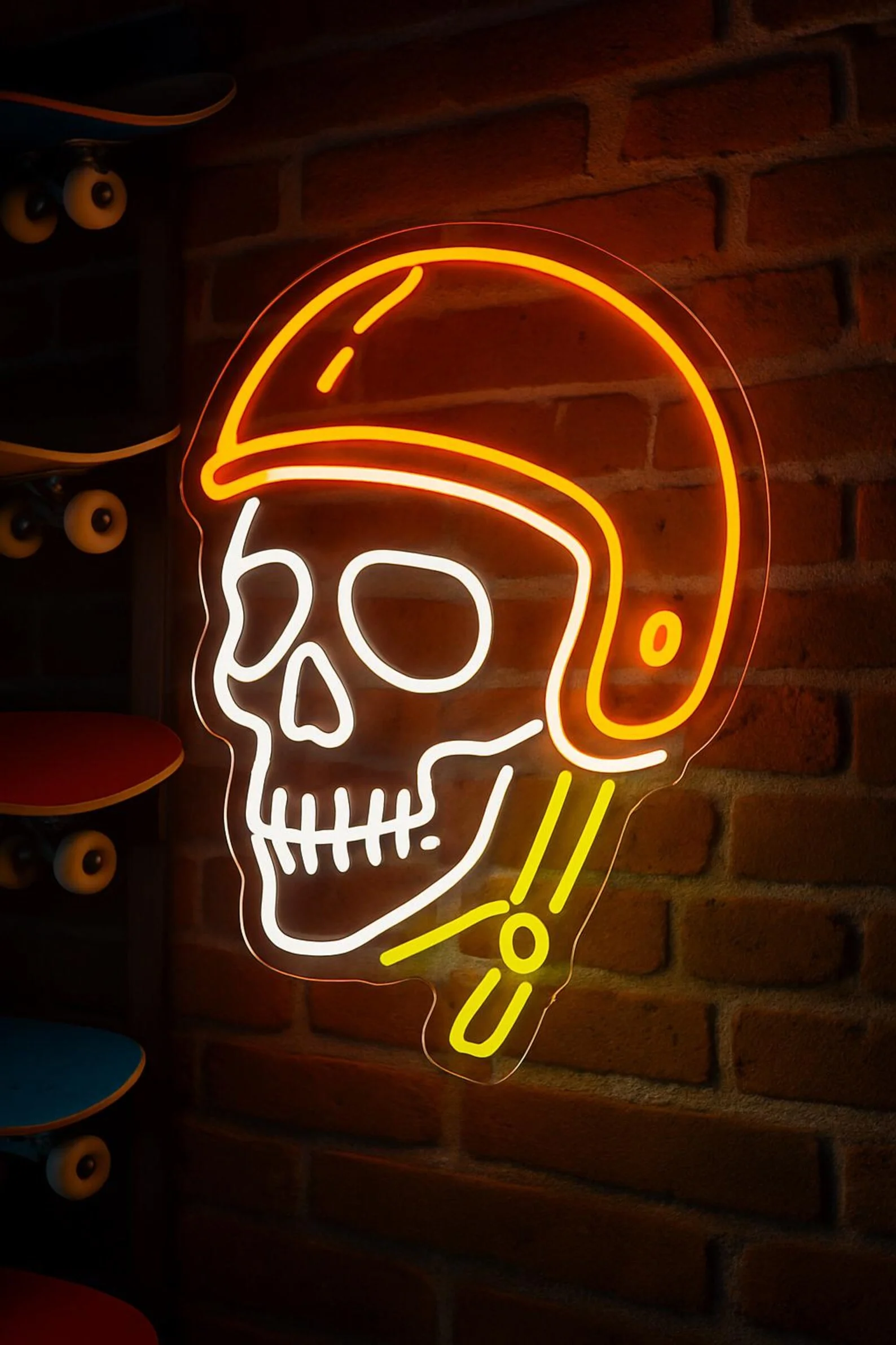 Skate Shop Neon Sign, Skateboard, Skull in Helmet Neon Decor, Skeleton in Helmet on Skateboard,  Skate on Fire Art Sign