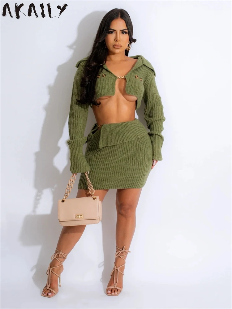 Akaily Fall Winter Elegant Knit Two Piece Set Casual Party Outfits For Women 2024 Lapel Long Sleeve Sexy Cardigan Mini Skirt Set