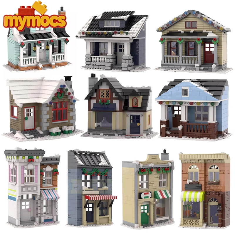Mymocs Idea City Ferienhaus Weihnachten Winter Bungalow Dorf-Sets Eiscafé Pizzeria Kreative Bausteine Spielzeug Geschenk