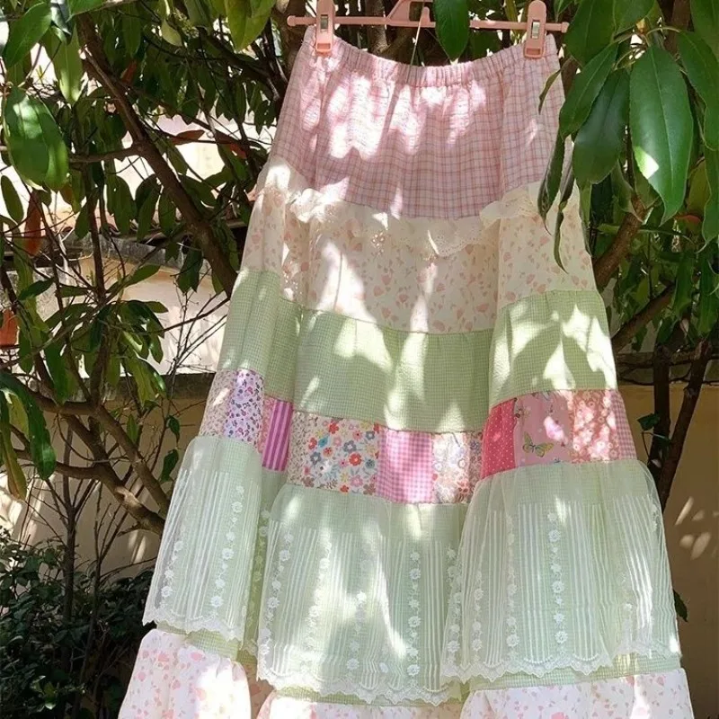 Vintage Chic Mori Girl Style Splicing Print Maxi Skirt Sweet Cute Kawaii High Waist Lace Edge A-line Loose Long Skirts for Women