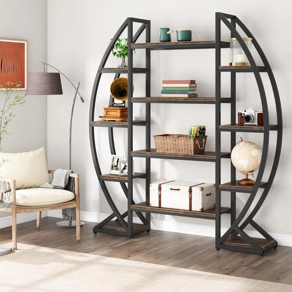 Oval Bookshelf, Triple Wide 5 Tier Etagere Bookcase, Industrial Display Shelves for Living Room