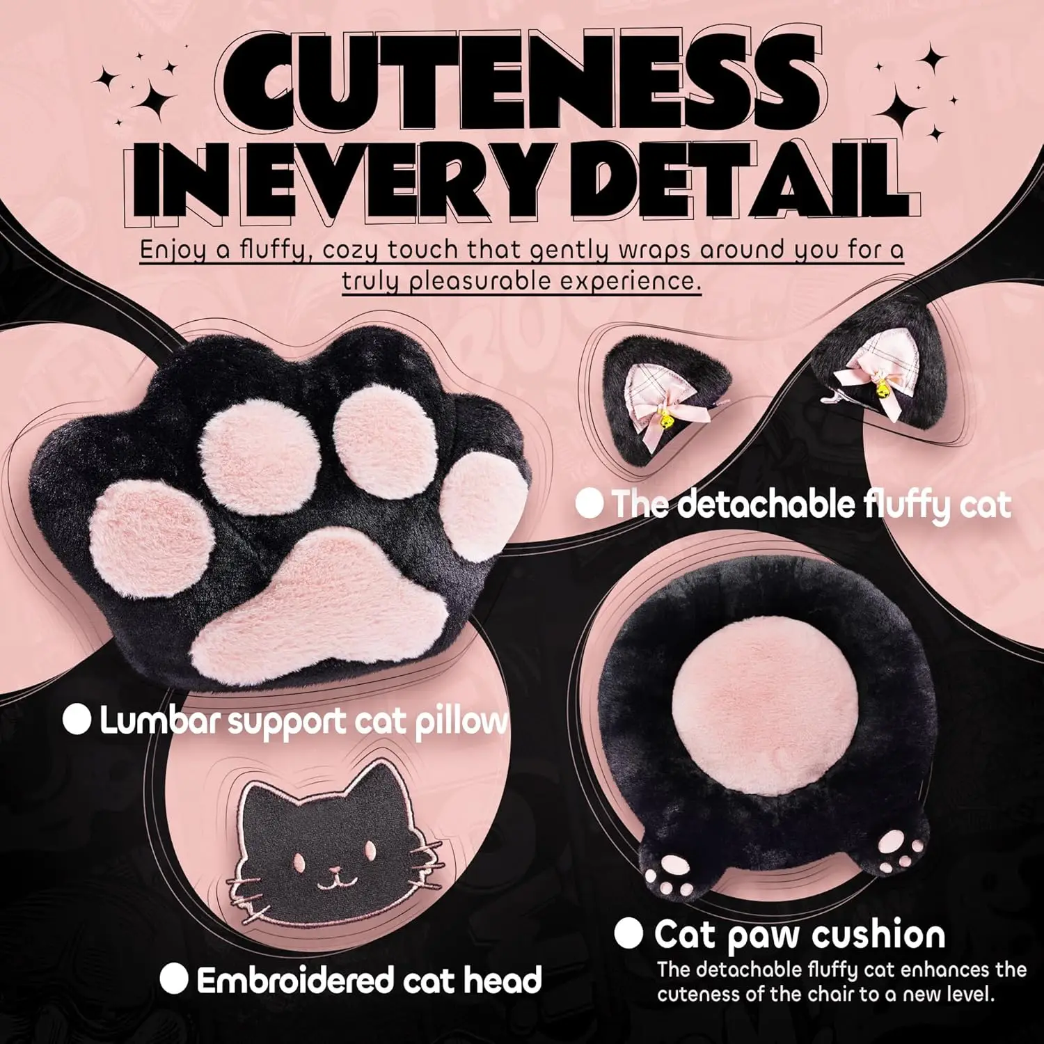 Pink Cute Gaming Chair with Cat Ears & Paw Lumbar Cushion, Ergonomic Reclining Computer Chair with Footrest, Customized