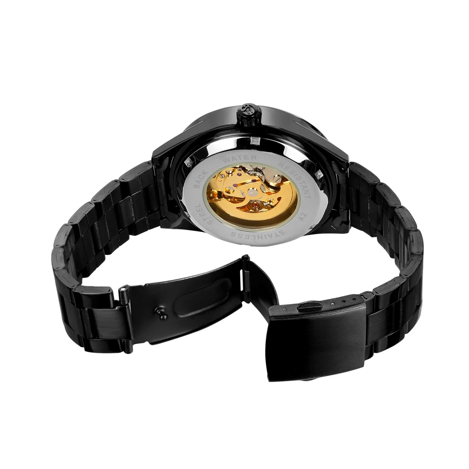 FORSINING Black mechanical watch hollow double nail scale mechanical watch leisure style single ring steel strap wrist watch