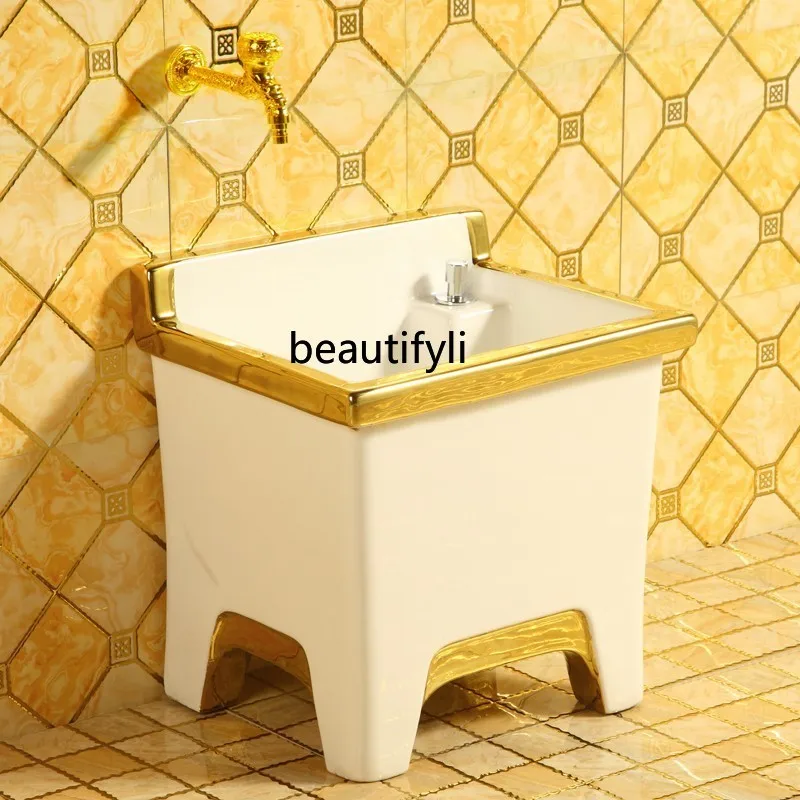 

European-Style Gold Mop Pool Dehydration Basket Ceramic Automatic Drainer Pool Mop Sink Balcony Basin Mop Basin