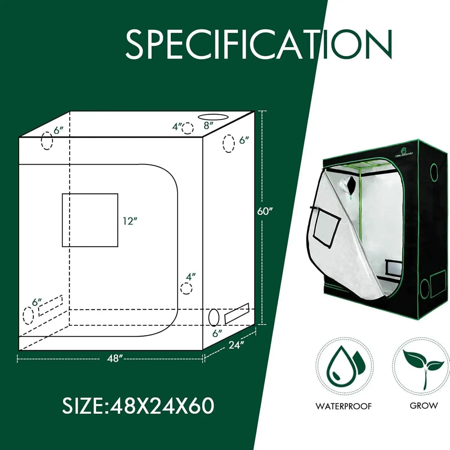 Ga Grow Tent 48""X24""X60"" 4'X2' Reflective Mylar Hydroponic Grow Tent With Observation Window And Waterproof Floor Tray For