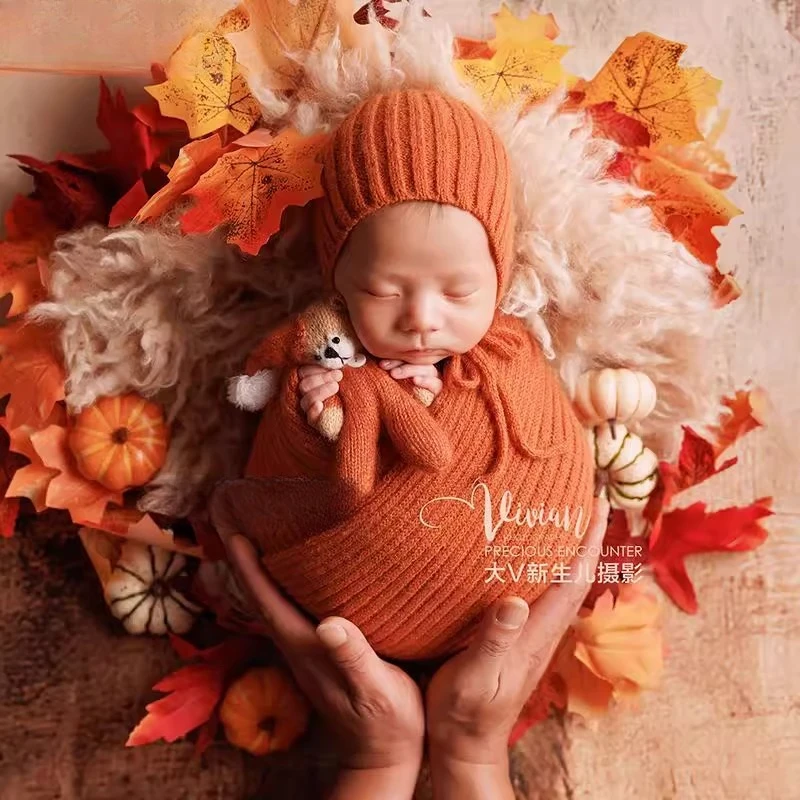 ملابس تصوير لحديثي الولادة لالتقاط الصور الفوتوغرافية للطفل، مجموعة أوراق القيقب الخريفية، عصابة رأس على شكل زهور لمجموعة خلفية ديكور