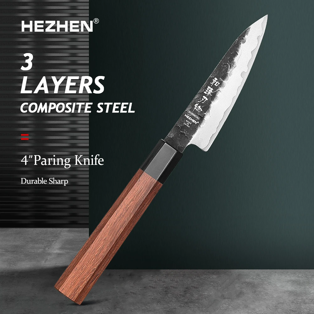 

HEZHEN 4 Inch Paring Knife 3 Layers Clad Steel 10Cr15CoMov Composite Stainless Steel Kitchen tools Cooking Knives