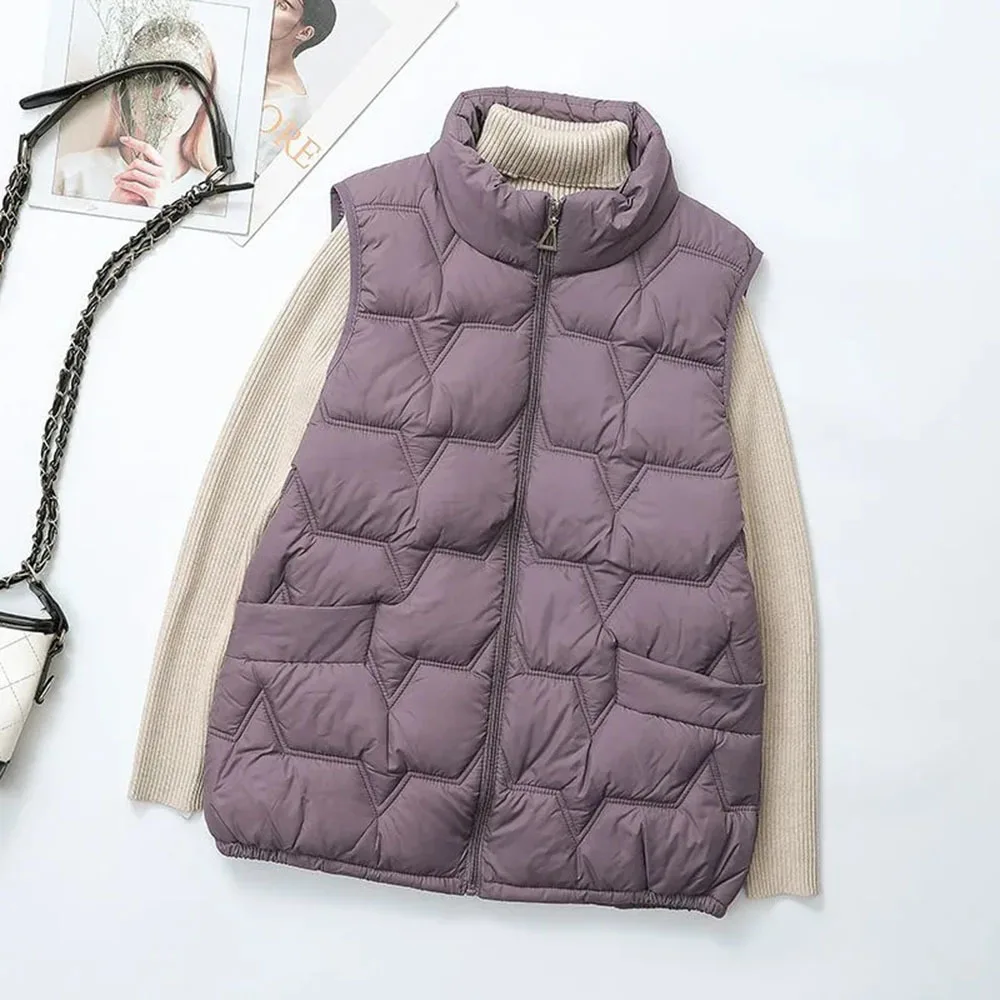 Down Vest Jackets For Women New Autumn Winter Ultra Light Stand Collar Beige Sleeveles Cotton Coat Parka Ladies Warm Waistcoat
