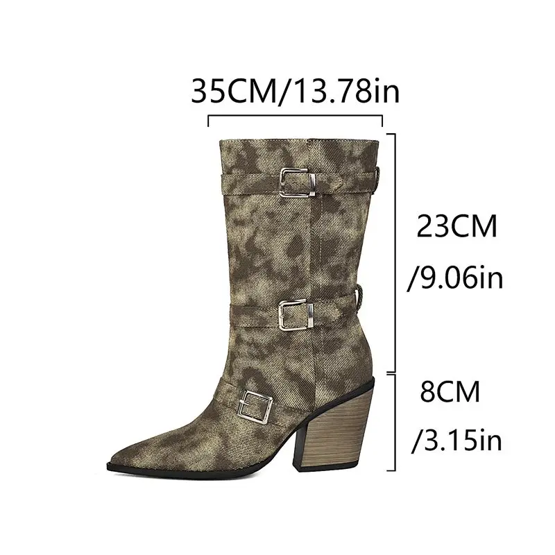 ORCHA LISA Women Mid Calf Boots Pointed Toe 8cm Block Heel Slip On Belt Buckles Big Size 41 42 43 Black Gray Leisure Botas Shoes