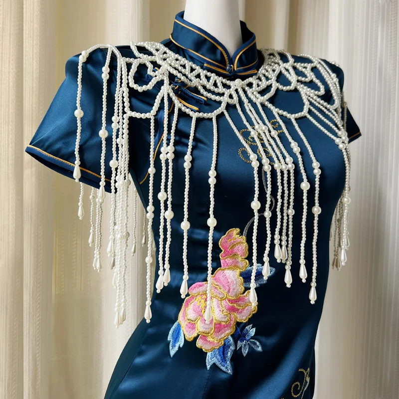 手作りパールタッセルクラウドショルダーレトロチャイナドレスショール漢服ウェディングドレス新中国風夏秋装飾女性用ショール