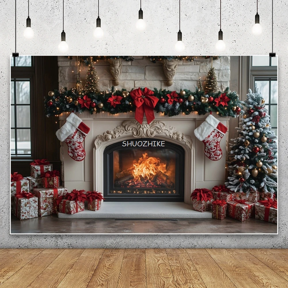 عيد ميلاد سعيد التصوير خلفية شجرة عيد الميلاد الموقد سانتا هدية جورب الأسرة الطفل صورة خلفية ديكور استوديو الصور