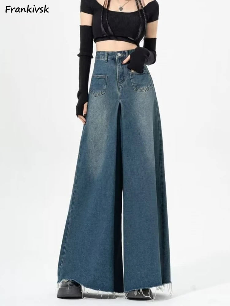 

Loose Wide-leg Jeans Women Frayed Bleached Denim Elegant Japanese Style Office Lady Fashion Autumn Washed High Waist Retro 2023