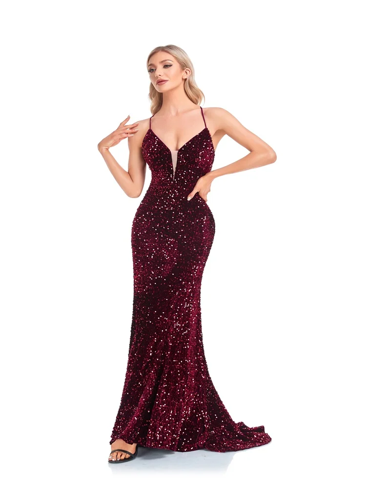 

Роскошное бордовое вечернее платье с глубоким V-образным вырезом и пайетками, платье макси для свадебной вечеринки, длинные коктейльные платья русалки для выпускного вечера