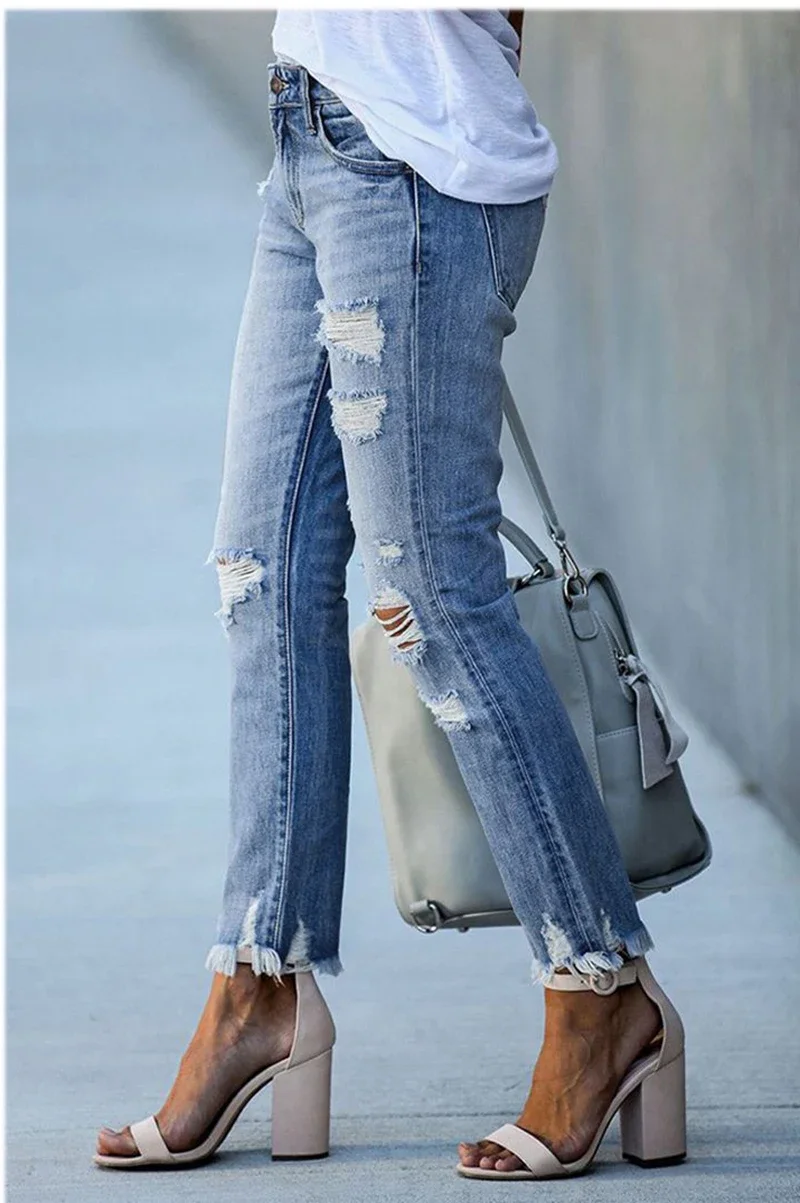 Fitshinling Ripped Slim Vintage Jeans Pencil Pants For Women Clothing Tassel Vintage Denim Trouser Female Bleached Pants New In