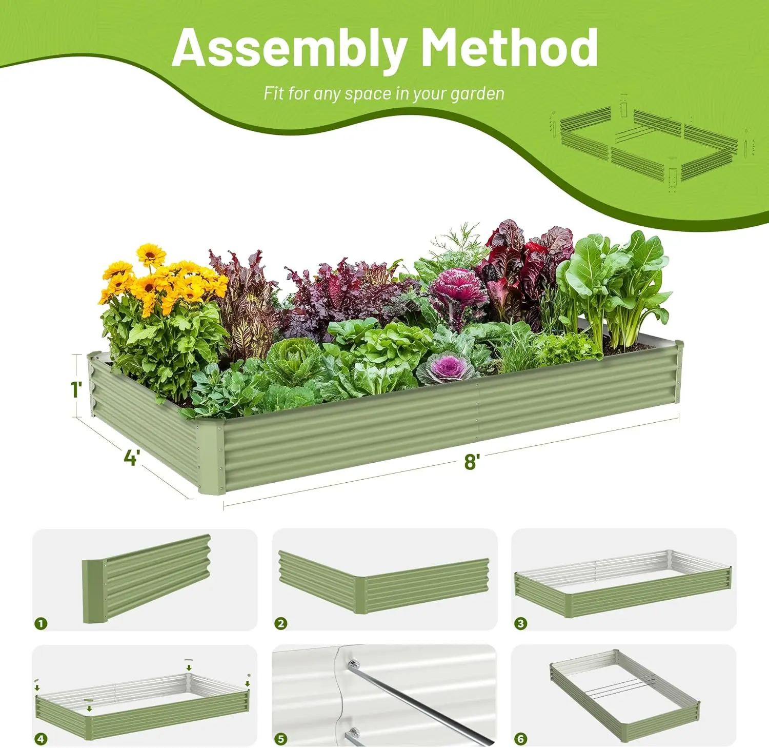 Outdoor Vegetable Gardening Metal Raised Bed, Galvanized Steel, 8x4x1FT Large Green Planter Box view 4