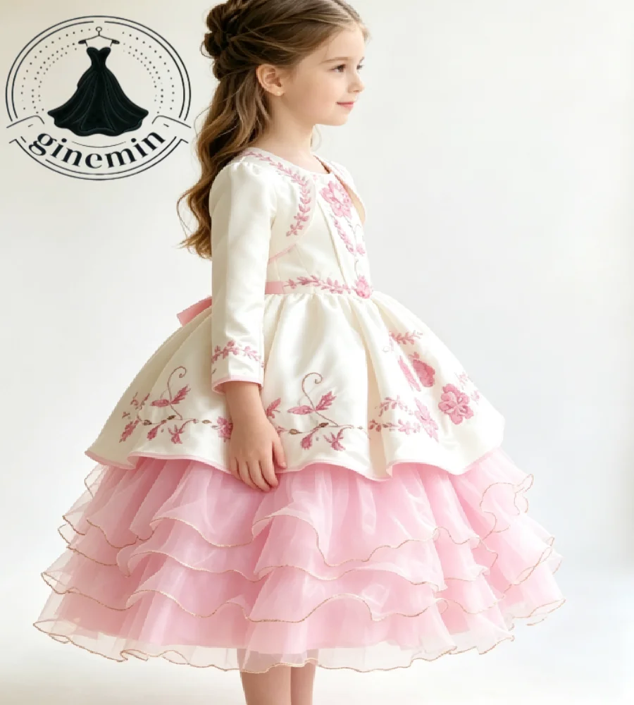 Mexican Floral Embroidered Flower Girls Dresses Charro Folklorico Kids Pageant Dress 2 Piece ivory Tiered Organza Ruffles Party