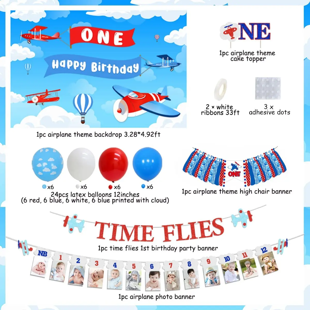 Sursurprise-Airplane Theme Photo Banner with Airplane Backdrop, 1st Birthday Party Decoration Supplies, Time Flies, First Birthd