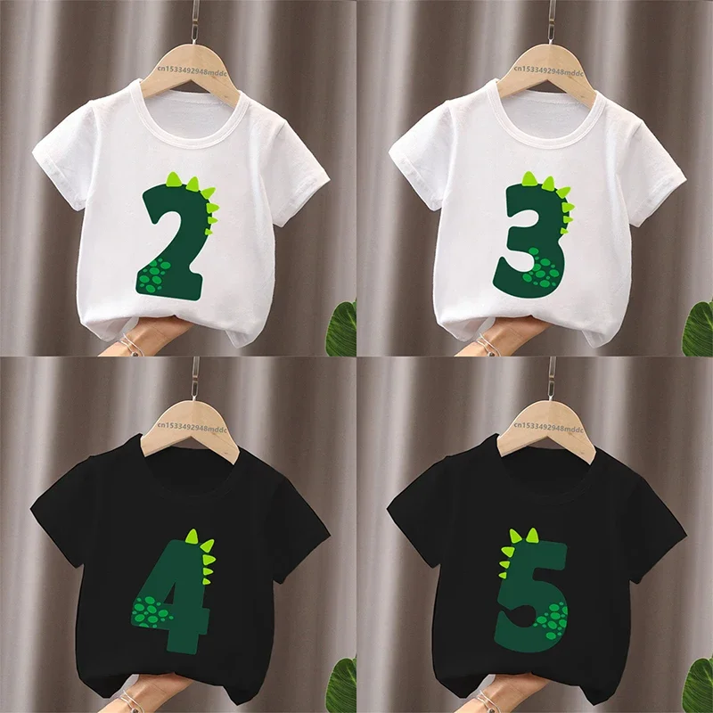 Cute Little Dinosaur Birthday Number Bow Kids T shirt 1 2 3 4 5 6 7 8 9 Years Girls Clothes Baby Boys Short Sleeve T-Shirts