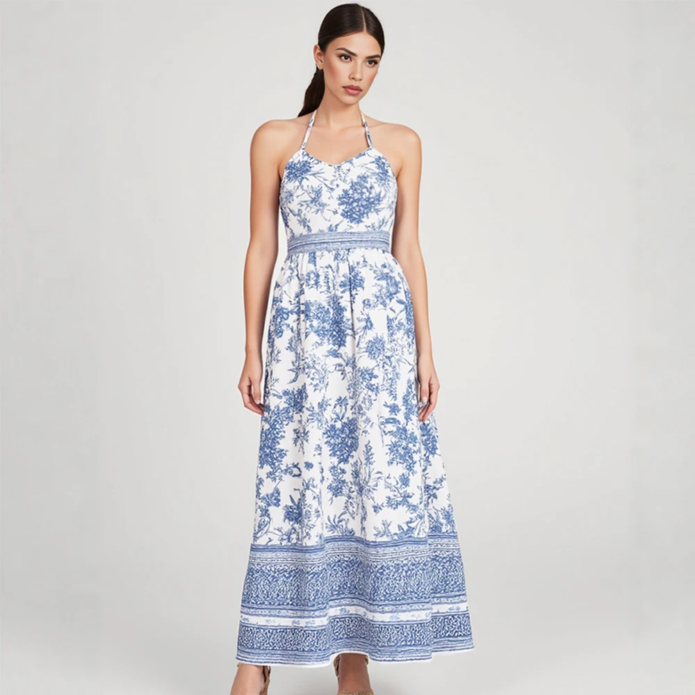 

Mia Muse Summer Dresses 2025 Latin Fashion Print Off Shoulder Halter Neck Midi A-Line Casual Long Dresses For Women