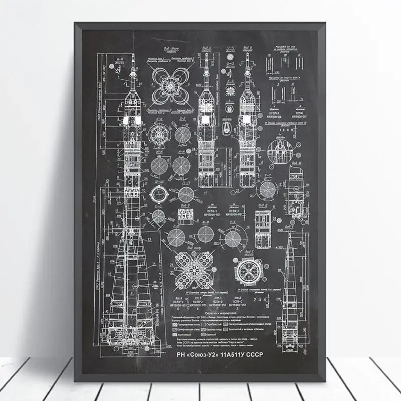 Soyuz-U2 Russian Rocket Patent Gallery Wall Art Canvas Print Aviation artwork Blueprint Posters Painting Retro Decor Outer Space