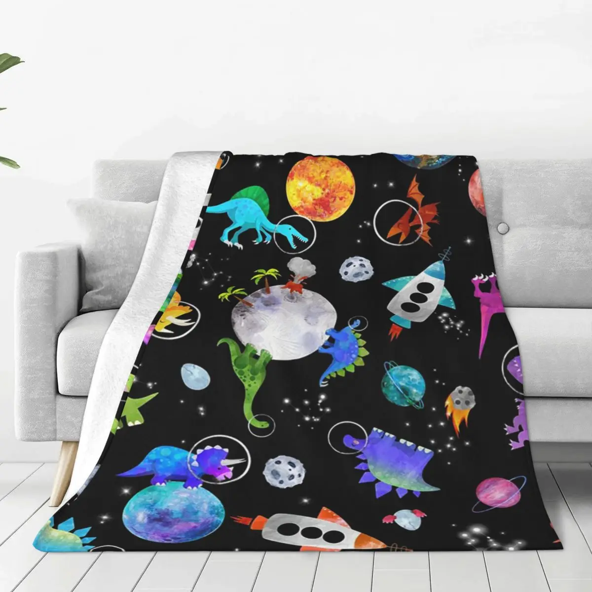 Dinosaur Astronauts In Outer Space Blanket Soft Warm Flannel Throw Blanket Plush for Bed Living room Picnic Travel Home Couch