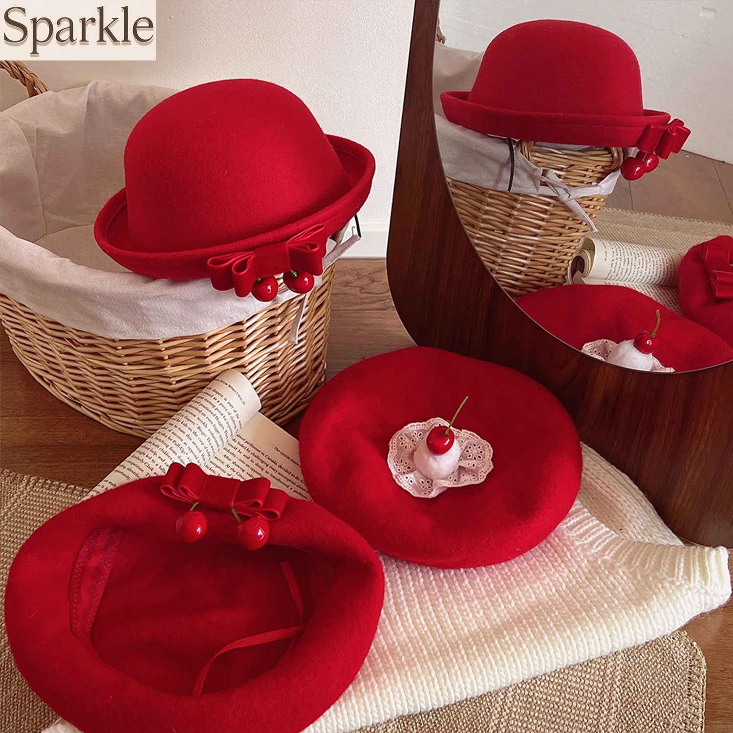 

Sweet Red Cherry Wool Beret Hat with Cute Bow Decor Kawaii Fashion for Lolita Daily Wear Girls Women's Hat