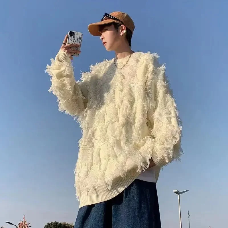 

Solid Color Feather top Tassel Sweater 2024 men and Women Couple Korean Version Loose and Lazy Style Hong Kong Style Round Neck