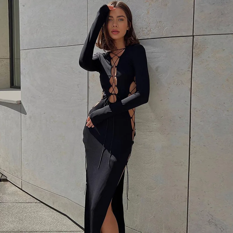 

2024 Club Party Street Dress Autumn Sexy Trend Personality Y2K Clothes Hollow O Neck Long Sleeve Side Split Tight Midi Dress
