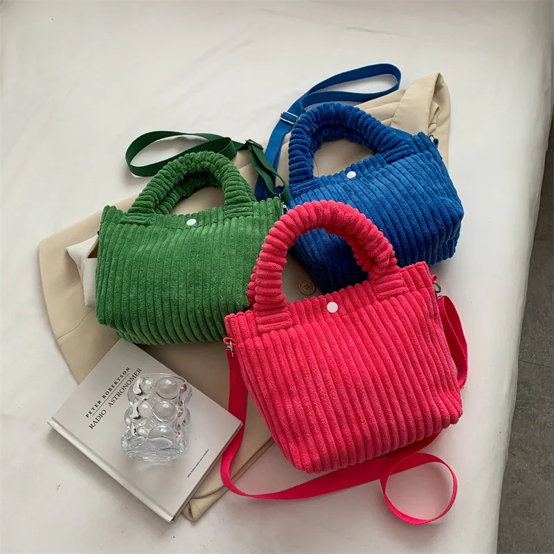 Fashion Corduroy Women\'s Bag 2023 Trend New Handbags Niche Versatile Bucket Shoulder Bags Female Nylon Button Crossbody Bags