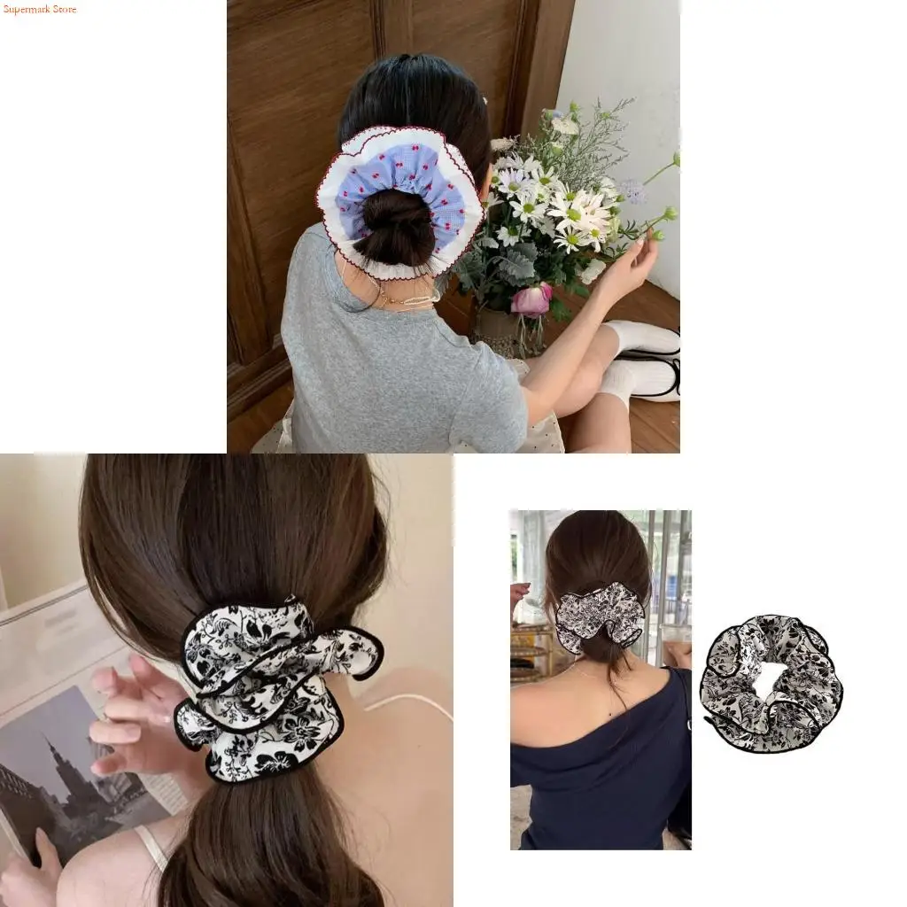 Q5WE Delicate Floral Charm Hair Scrunchies Hair Elastic Band With Lace Trim For Casual Daily Party Hairstyles