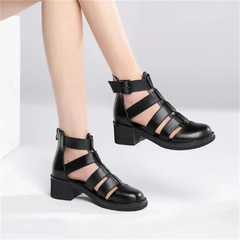 

2025 новые модные летние женские сандалии с круглым носком, дышащие сандалии из натуральной кожи, ботильоны, черные женские сандалии на толстом каблуке