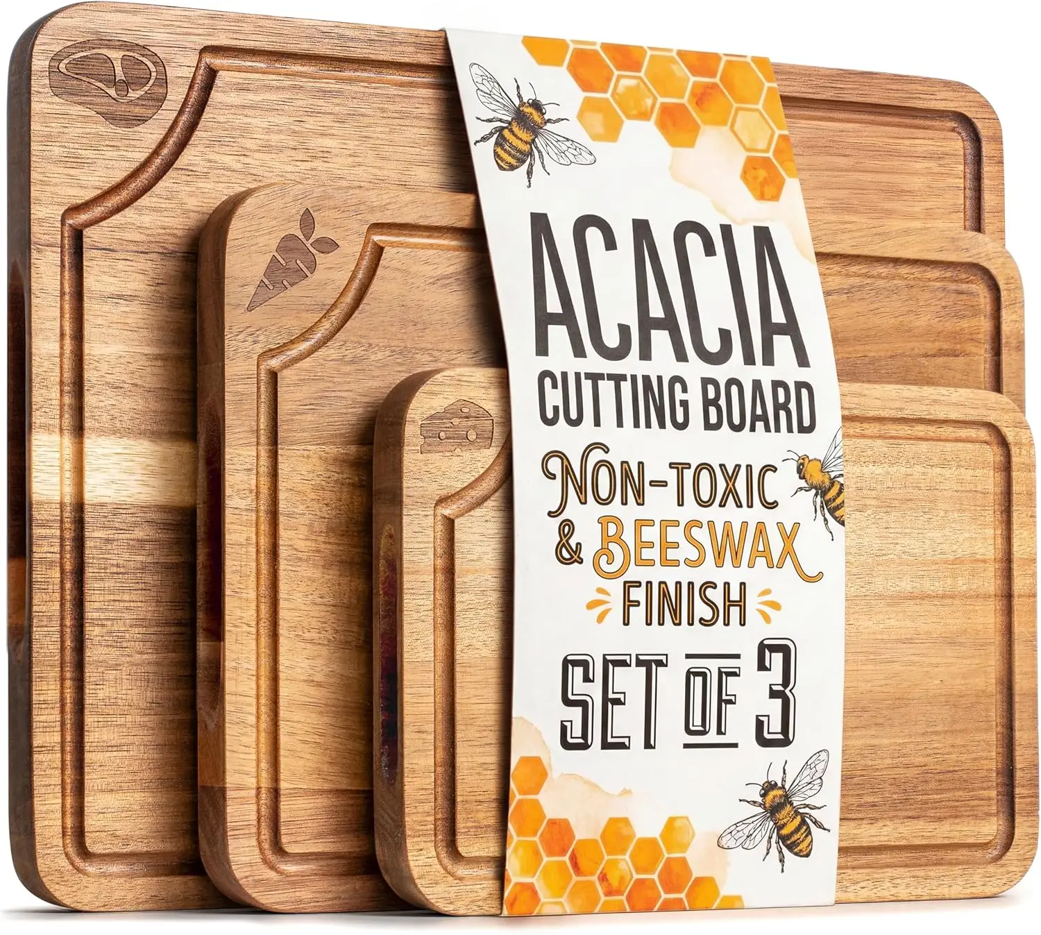 

Set of 3 Acacia Wood Cutting Boards with Beeswax Finish, Juice Groove, Non-Slip Feet - Non-Toxic and Mineral Oil Free