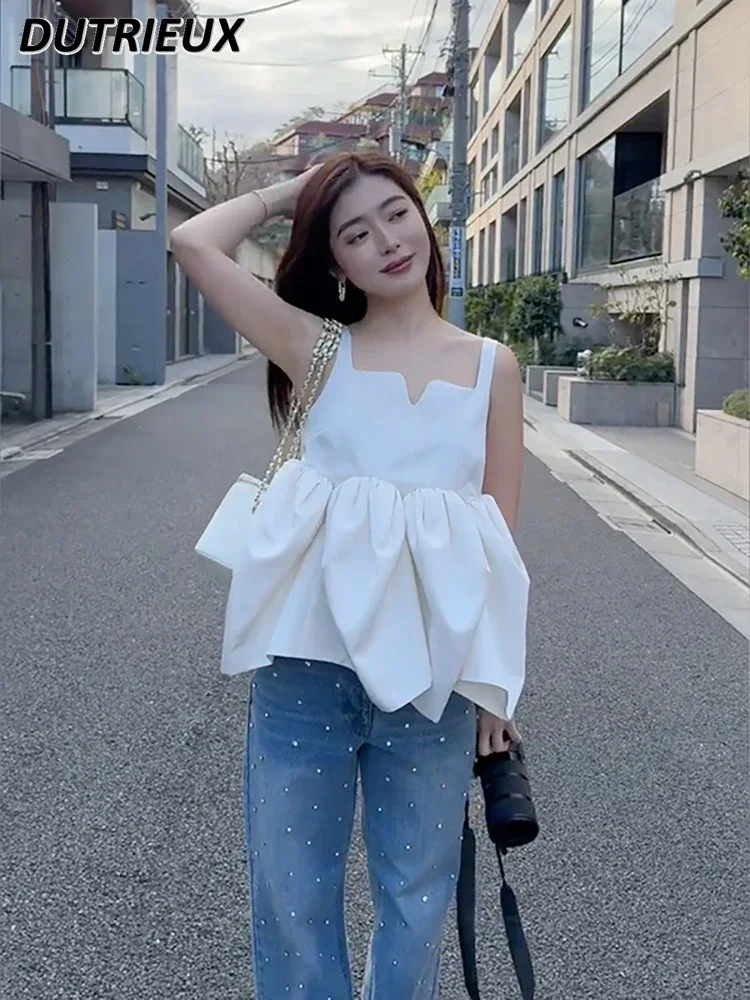 Fashion French Style White Shirt Fluffy Suspender Vest Women's Tops Summer Sweet Cute Solid Color Simple Sleeveless Top