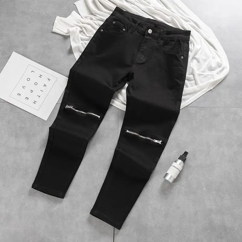 2000’s Clothes 2025 Hip Hop Style Knee Zipper Black Stretch Design High Street Ripped Black Jeans Men's Trousers Work Pants Men