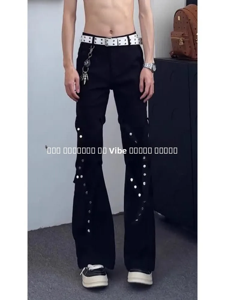 

Rivet Belted Flared Jeans Men's Women's High Street American Style Workwear Trousers Summer Loose Fit Straight Leg Jeans