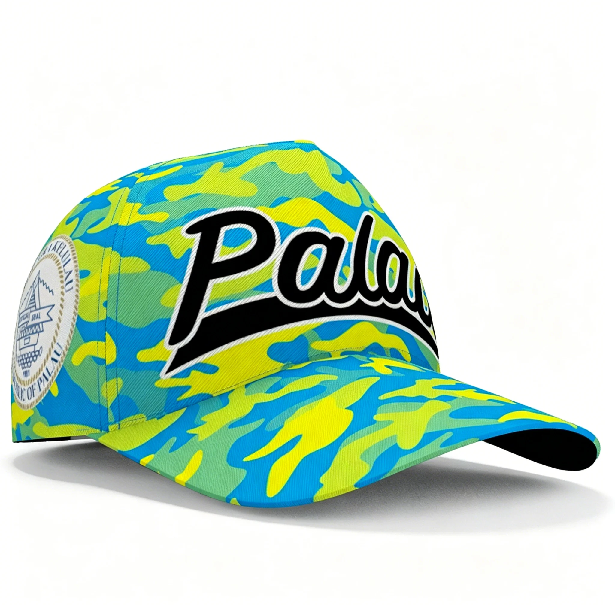 Palau Flag Solid Base Yellow Circle Graphic Baseball Cap Men Women Cyan Yellow 3D Print Adjustable Outdoor Sun Snapback Hat view 3
