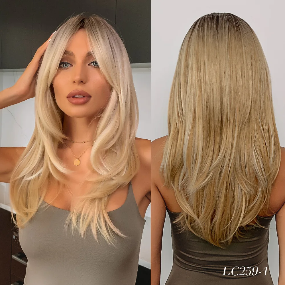 European American Fashion Wig, Gradient Gold Hair with Slightly Curly Ends, Easy To Style Full Head Wig for Women