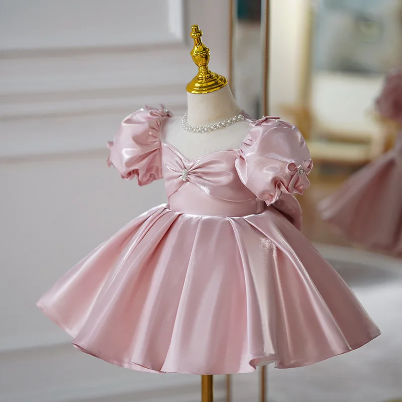 Kids Pink Luxury Birthday Party Dress for Little Girls Princess Short Evening Gowns Pageant Child Formal Occasion Dresses Satin